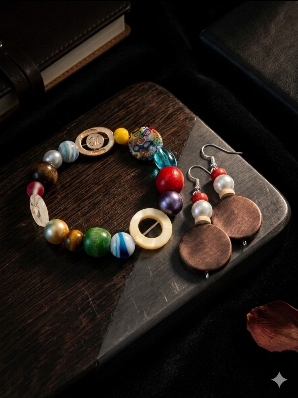 Multicolor Beaded Bracelet and Earring Set - Women Jewelry